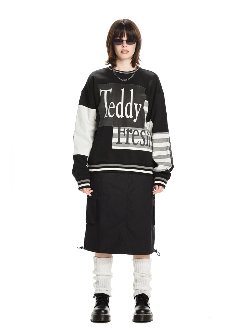 Teddy Fresh Box Paneled Oversized Patchwork Heavy Cotton Crewneck